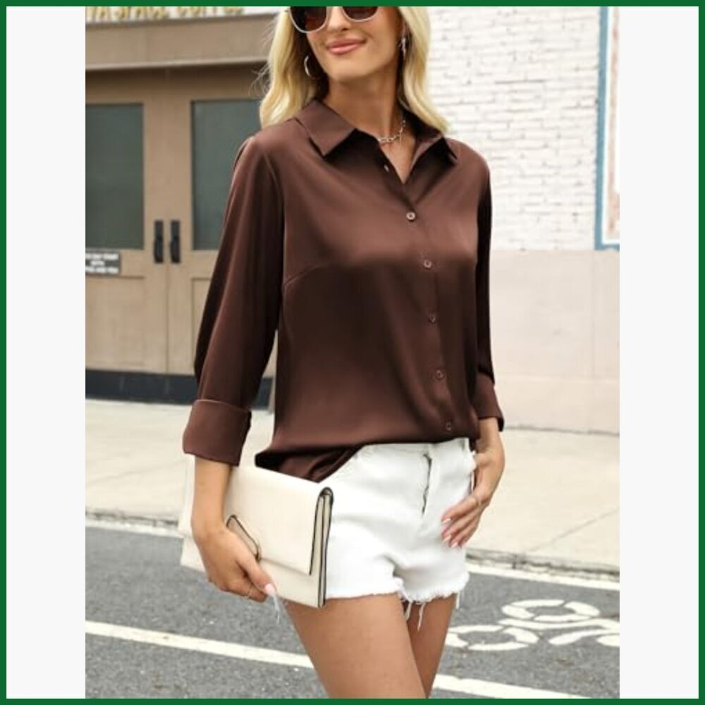 Satin Button Down Shirt Long Sleeve Business Casual Blouse - Picture 4 of 6
